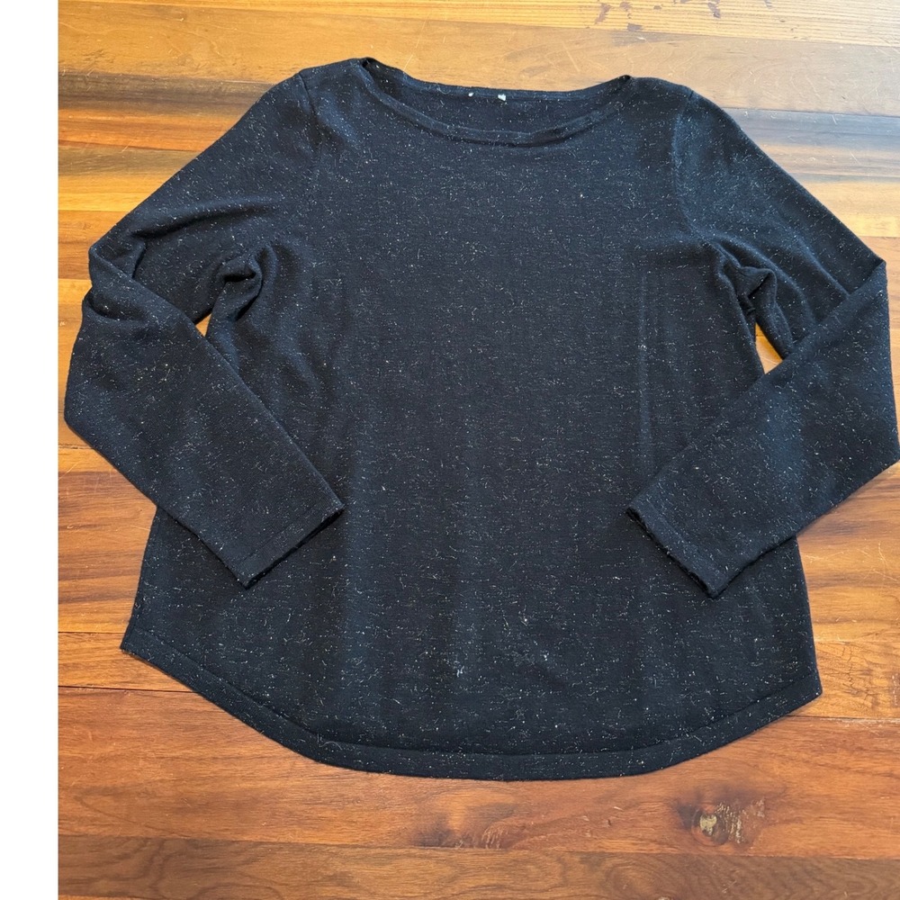 Chico's Black Shimmer Knit Boat Neck Long Sleeve Top Curved Hem Holiday Party